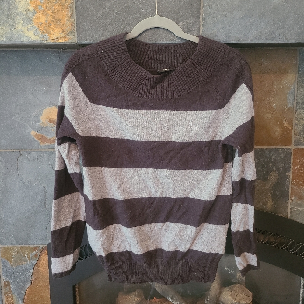 Bogner Brown and Grey Wool and Cashmere Crew Neck Striped Sweater size 10